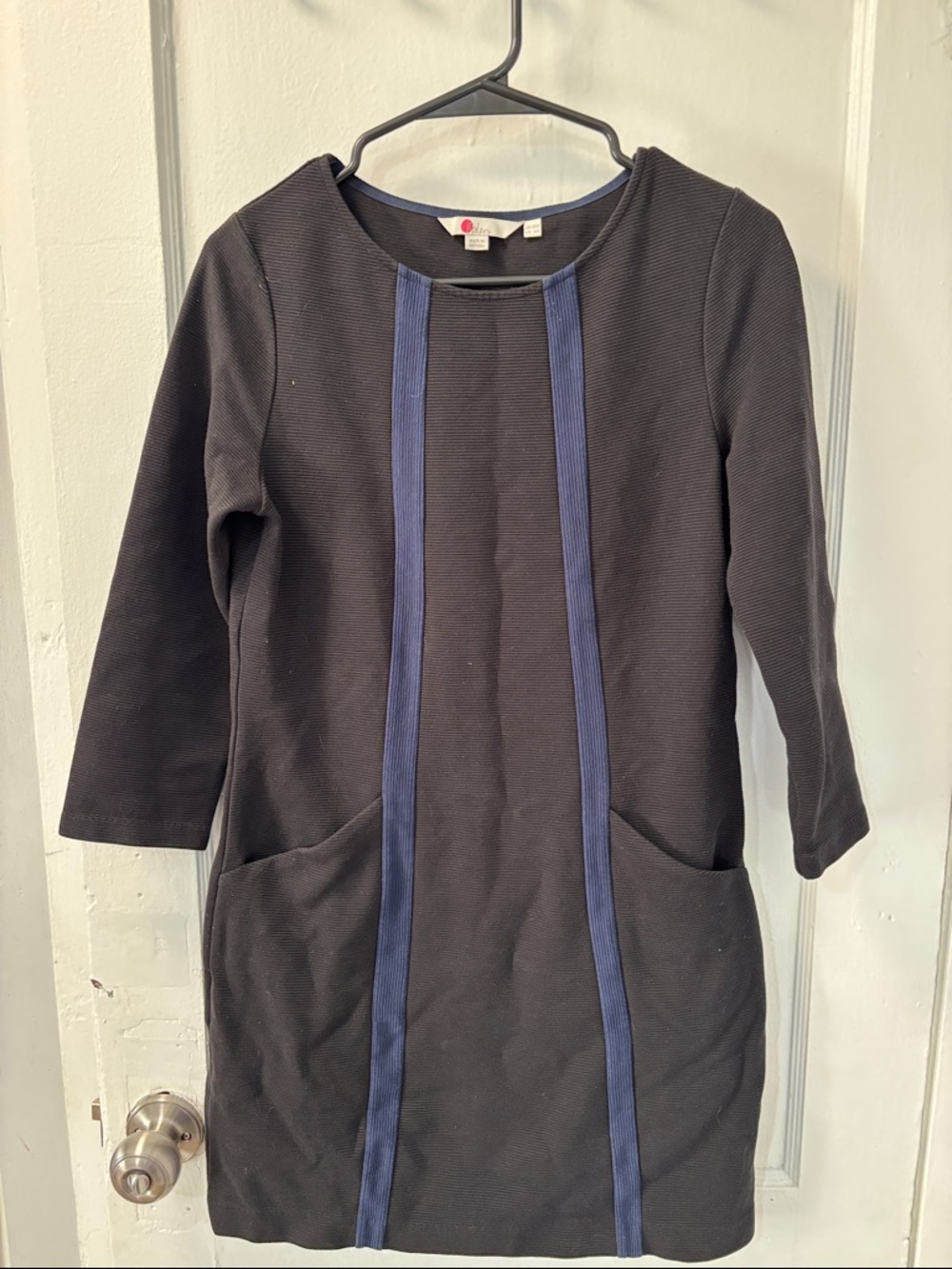 Boden Black Ribbed Dress with Navy Trim